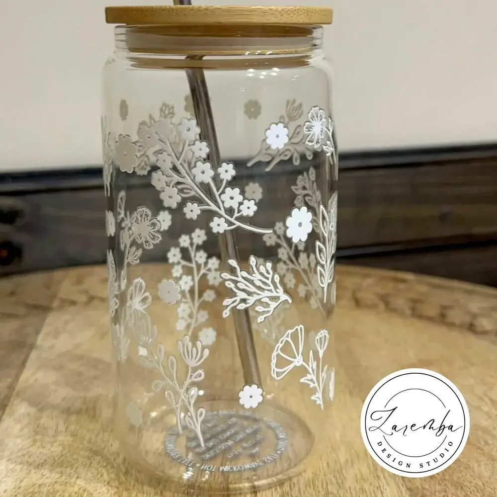White Floral Libbey Cup, Minimalist Flowers Beer Can Glass, Nature, Spring